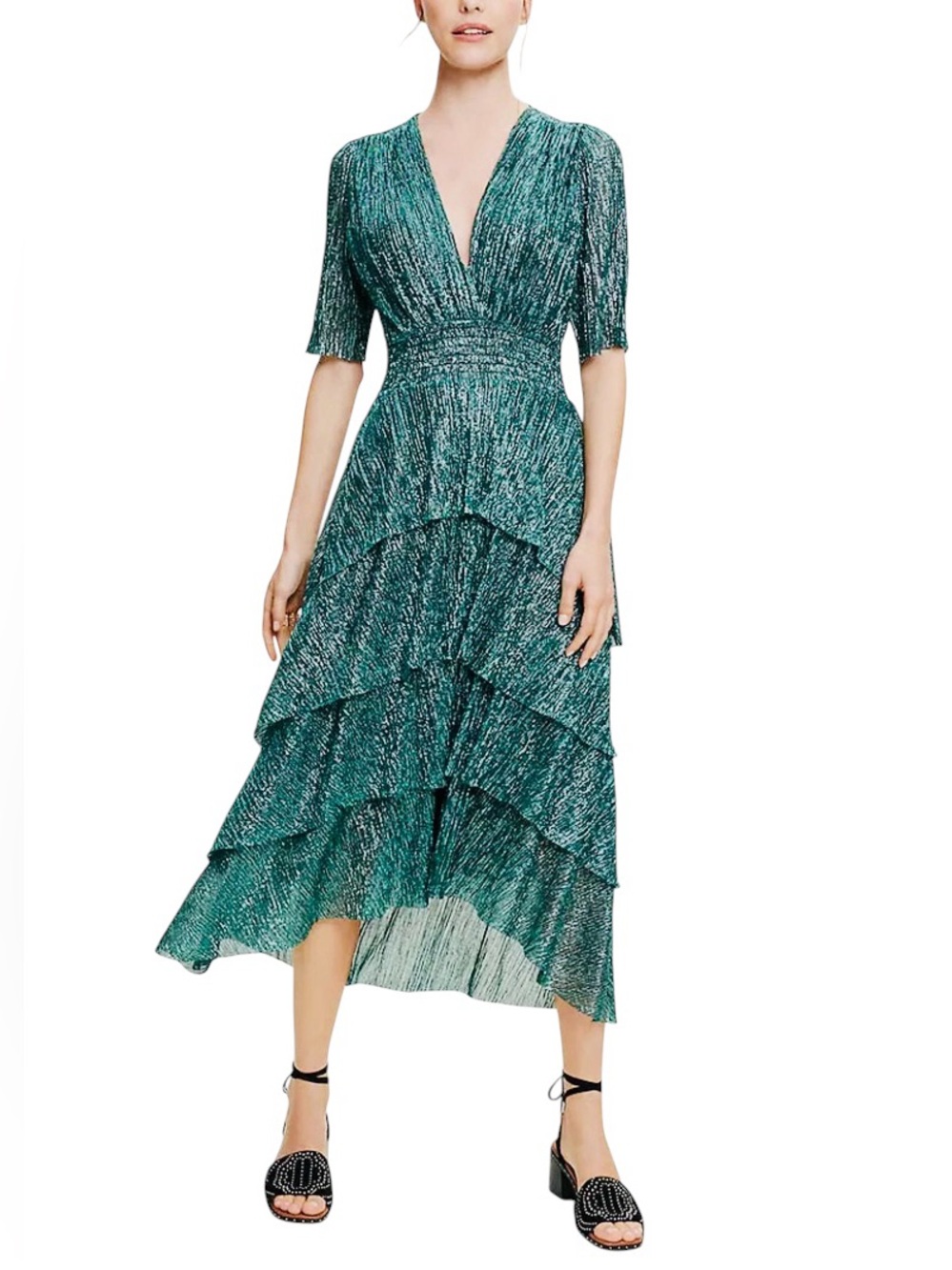 MAJE Ruffine Smocked-Waist Metallic-Woven Midi Dress